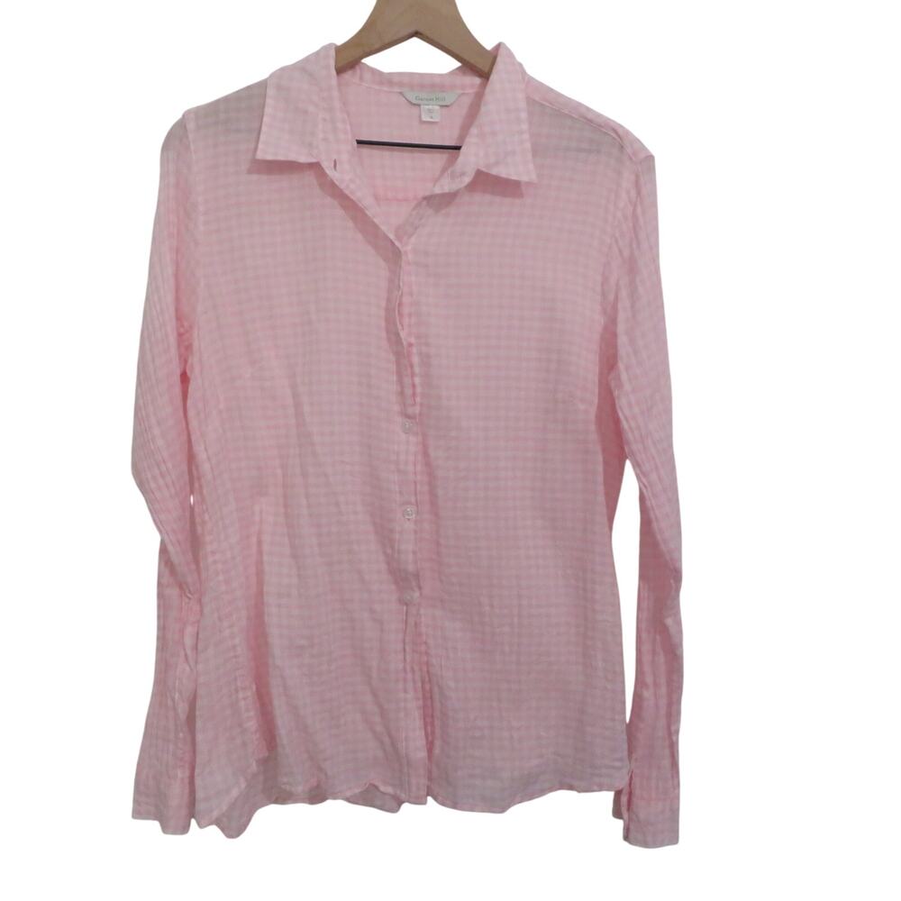 Garnet Hill Women 16 Pink White Gingham Checkered Button Front Long Sleeve Top